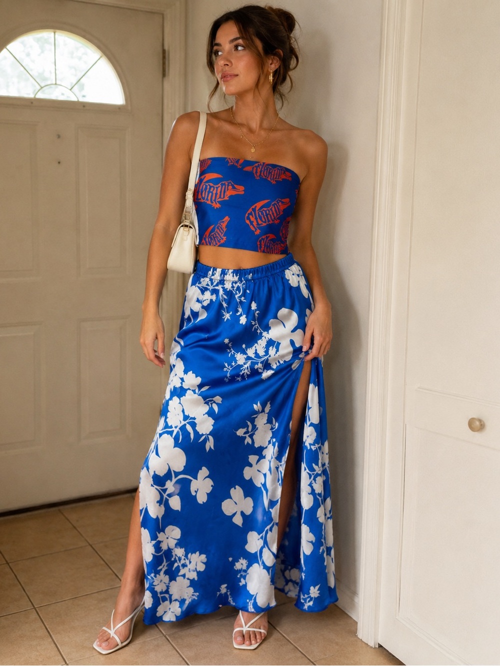 Sienna Sky Blue Floral Maxi Skirt with White Print